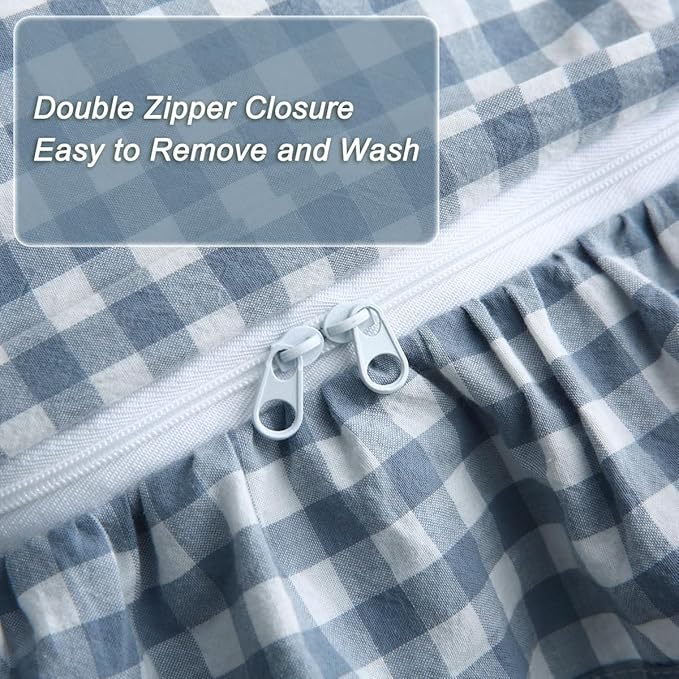 Silnuo Light Blue/White Plaid Ruffle Duvet Cover Queen Size, 100% Washed Cotton - Image 4