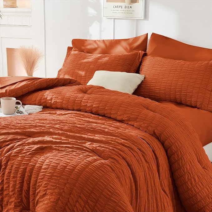 HYMOKEGE Burnt Orange Duvet Cover King Size, Ultra Soft 3-Piece Seersucker - Image 4