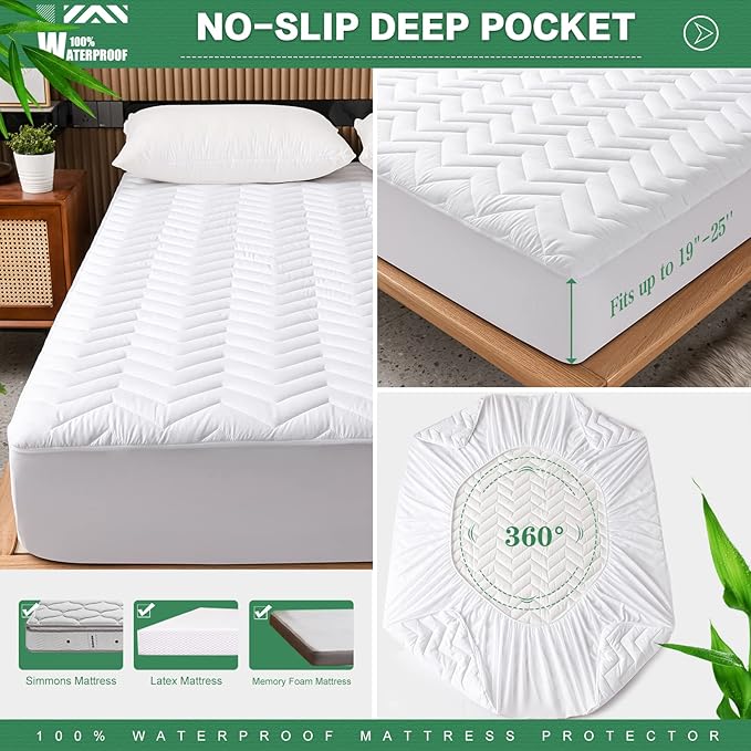 Unilibra Cal King Size Waterproof Mattress Pad Rayon Made from Bamboo, Quilted - Image 5