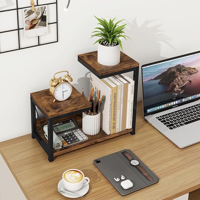 ELITEROO Desktop Shelf Organizer, 3 Tier Office Shelves, Wood Desk Organizers Storage Rack and Freestanding Display Shelf for Office, Dormitory, Home, Rustic Brown-DeskoryOffice