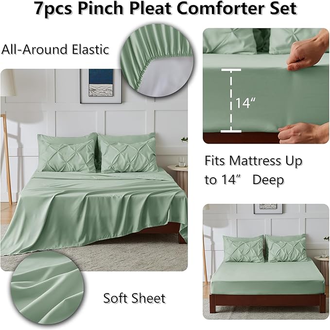 HIMEET Pintuck Bed in a Bag, 7 Pieces Queen Size Comforter Set Sage Green - Image 6
