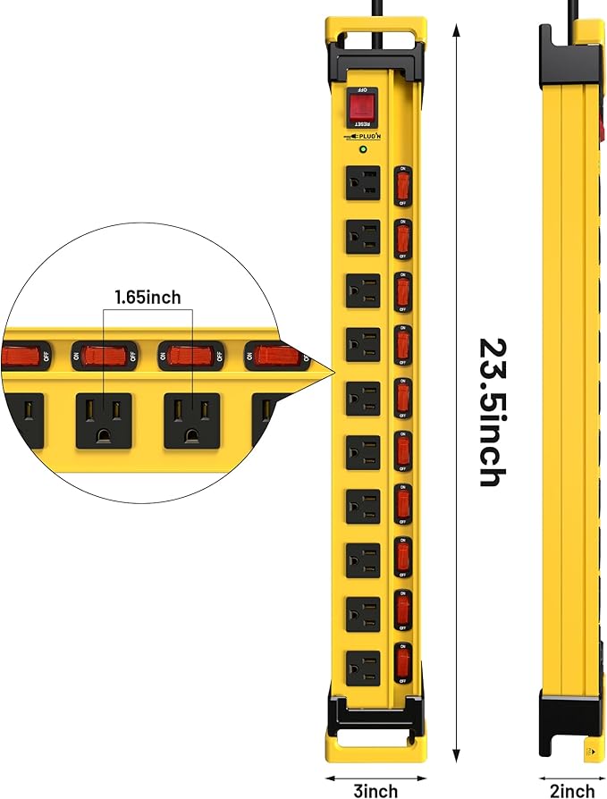 Plug'n 12 Outlet 13 Individual Switches,3300J Surge Protector Power Strip,9FT/14AWG/15AMP/1875W Power Cord,Heavy Duty Metal Power Strip with Cord Manager for Workshop,Garage,Shop-DeskoryOffice
