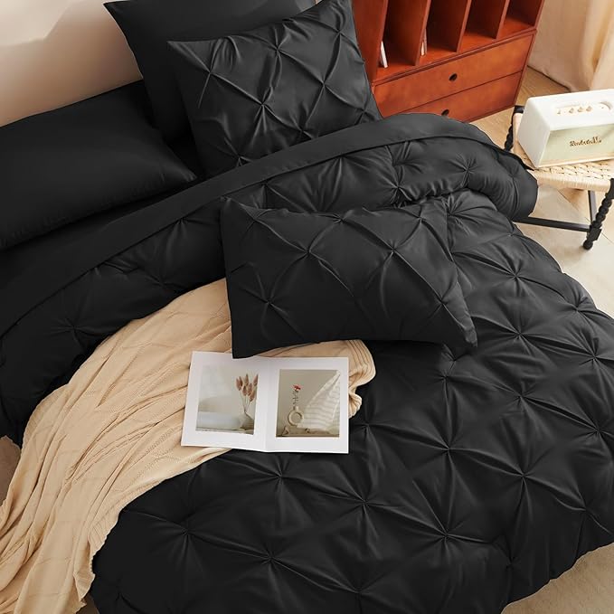 CozyLux Full Size Comforter Sets Black, 7 Pieces Pintuck Bed in A Bag Black - Image 4