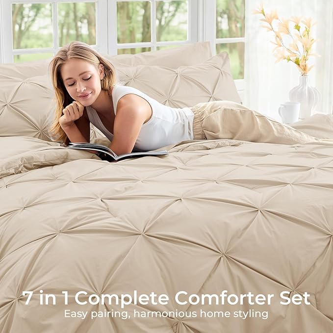 Sasttie Queen Comforter Set, 7-Piece Bed in a Bag, Pintuck Bedding Sets - Image 6