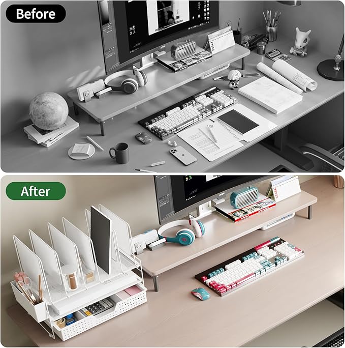 Desk Organizer, Office Organization with Vertical File Holder, File Organizer with Drawer and Pen Holder, Desk Accessories and Workspace Organizers for Home Office (White)-DeskoryOffice