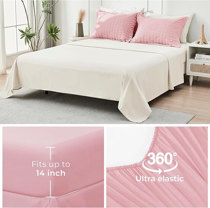 HYMOKEGE Pink/Ivory Queen Comforter Set Seersucker 7 Pieces, All Season Luxury - Image 7