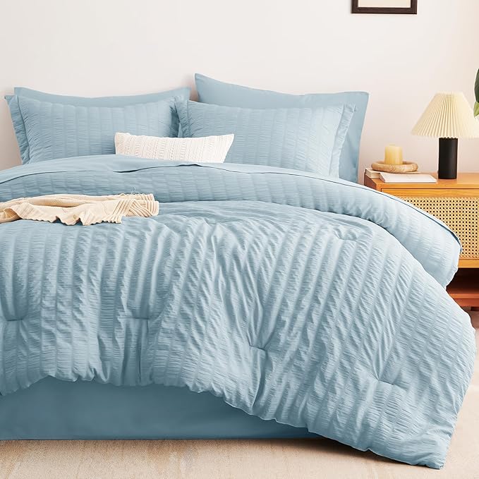 CozyLux Oversized King Comforter Set Light Blue Seersucker 7 Pieces 120x98 Bed - Image 9