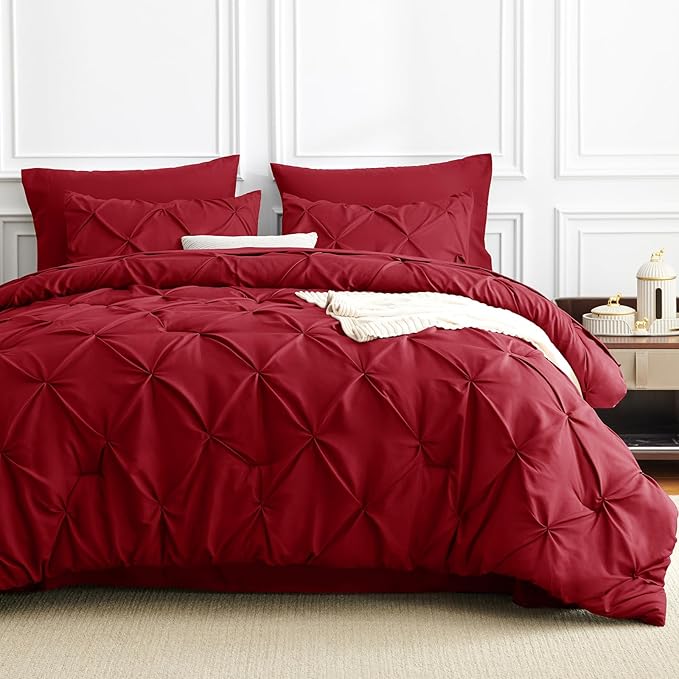 CozyLux King Size Comforter Set Dark Red, 7 Pieces Pintuck Bed in A Bag Red - Image 8