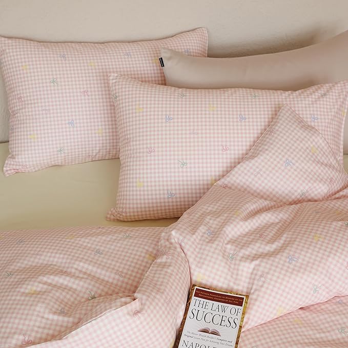 mixinni Gingham Duvet Cover Twin XL Size, 100% Cotton Light Pink and White - Image 8