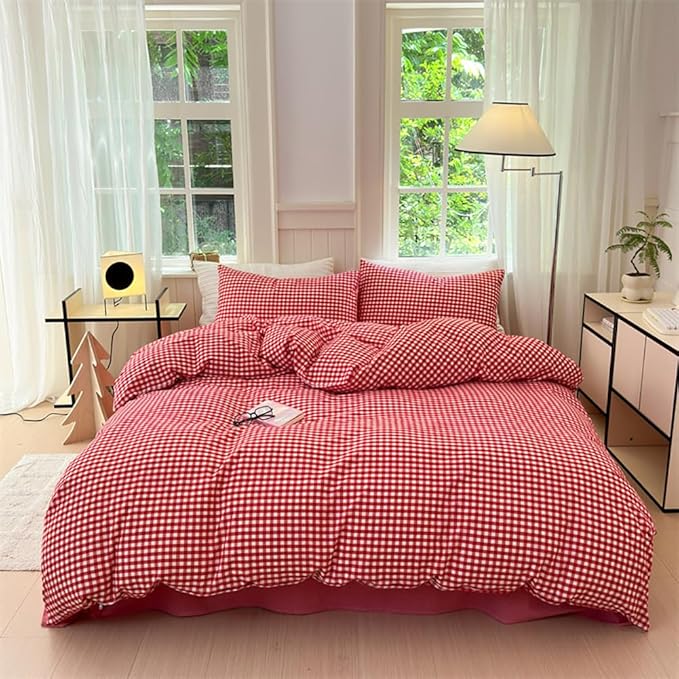 Nayoroom Red Gingham Duvet Cover Queen Size 100% Washed Cotton Plaid Checkered - Image 6