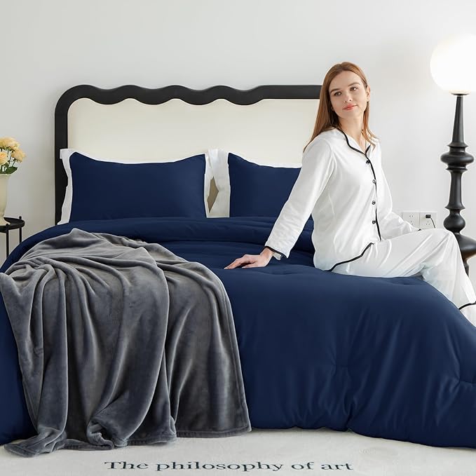 CozyLux Navy Blue King Size Comforter Set, 3 Pieces Solid Breathable Quilted - Image 9