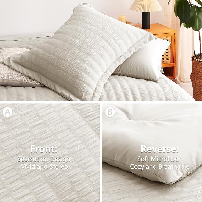 CozyLux Oversized King Comforter Set Beige Seersucker 7 Pieces 120x98 Bed in a - Image 3