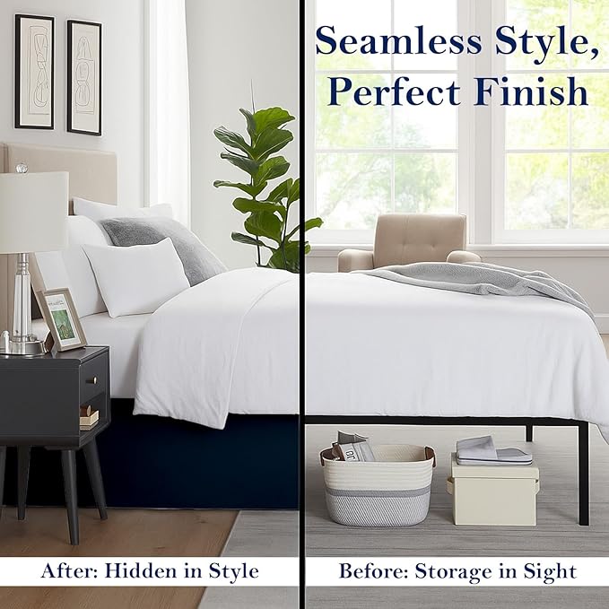 Queen Bed Skirt, Luxury 14 Inch Drop Navy Blue Pleated Bed Skirt, Double Brushed Microfiber, Box Pleat Design, Wrinkle & Fade Resistant, Easy Fit Tailored Bedskirt for Queen Size Beds