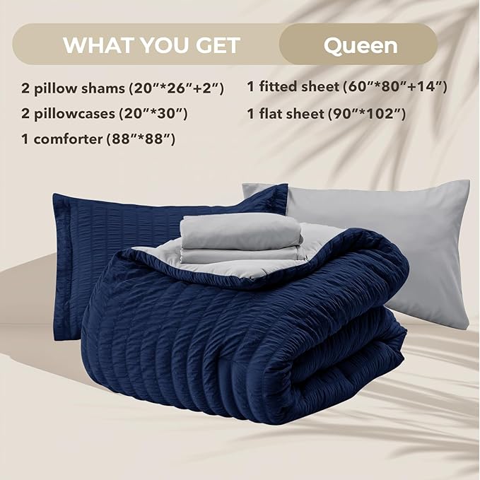 HYMOKEGE Navy Blue/Light Grey Queen Comforter Set Seersucker 7 Pieces, All - Image 5