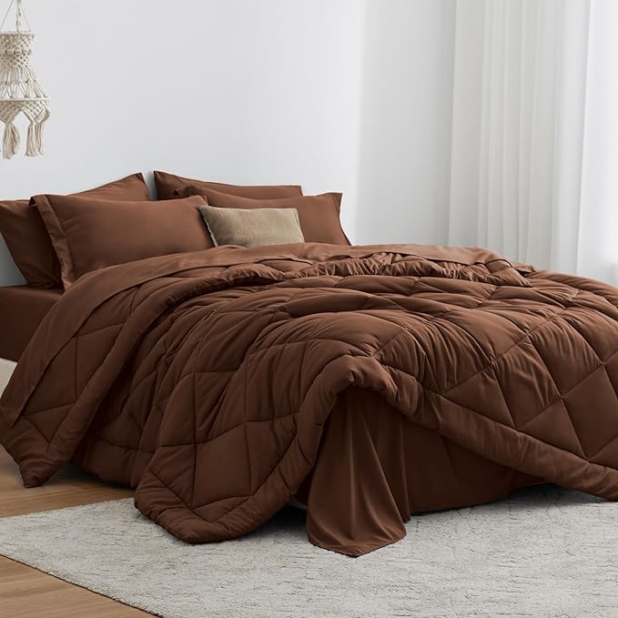 Love's cabin King Size Comforter Set Brown, 7 Pieces King Bed in a Bag by Lovescabin