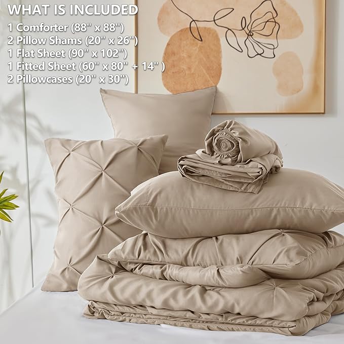 CozyLux Queen Comforter Set Khaki, 7 Pieces Pintuck Bed in A Bag, Premium Khaki - Image 5