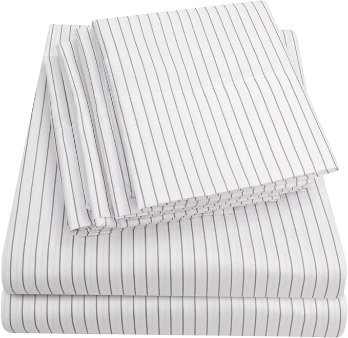 Queen Sheets Pinstripe White by SweetHomeCollection