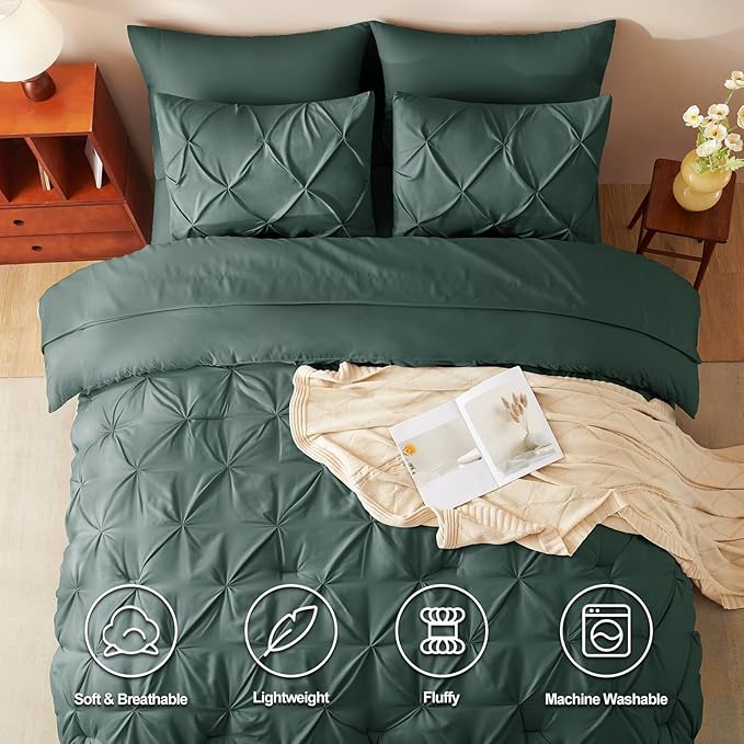 CozyLux Queen Comforter Set Forest Green, 7 Pieces Pintuck Bed in A Bag - Image 2