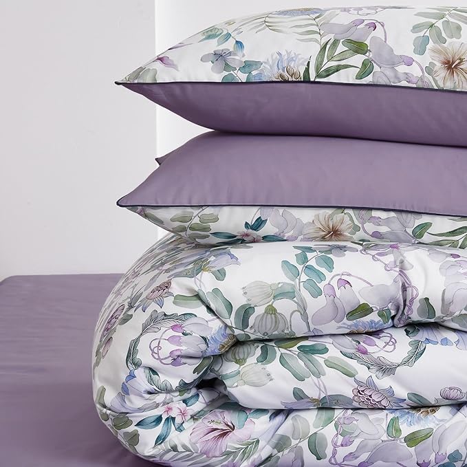 mixinni Garden Style Purple Floral Printed on White Duvet Cover Queen Size - Image 6