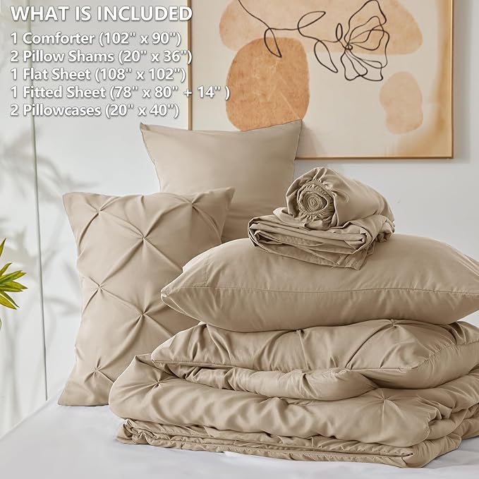 CozyLux King Size Comforter Set Taupe, 7 Pieces Pintuck Bed in A Bag Taupe - Image 6