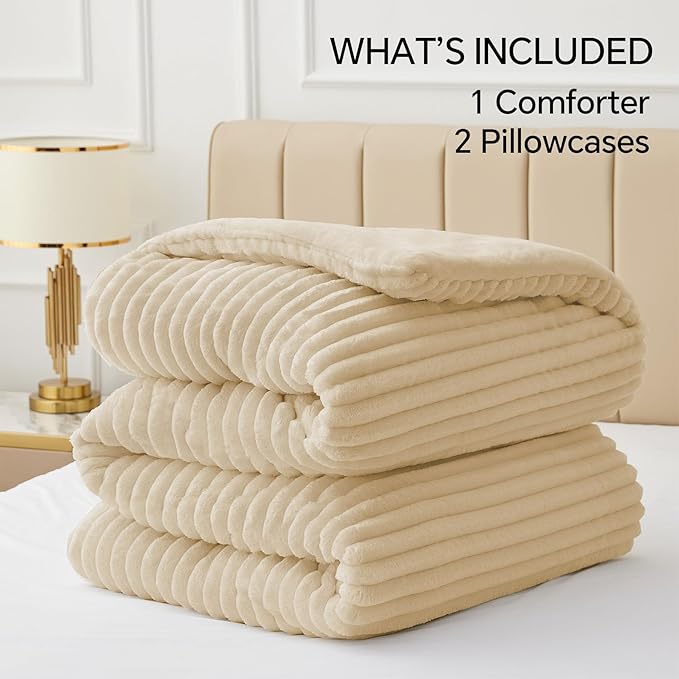 BEDELITE Fleece Queen Comforter Set -Super Soft & Warm Fluffy Beige Bedding - Image 6