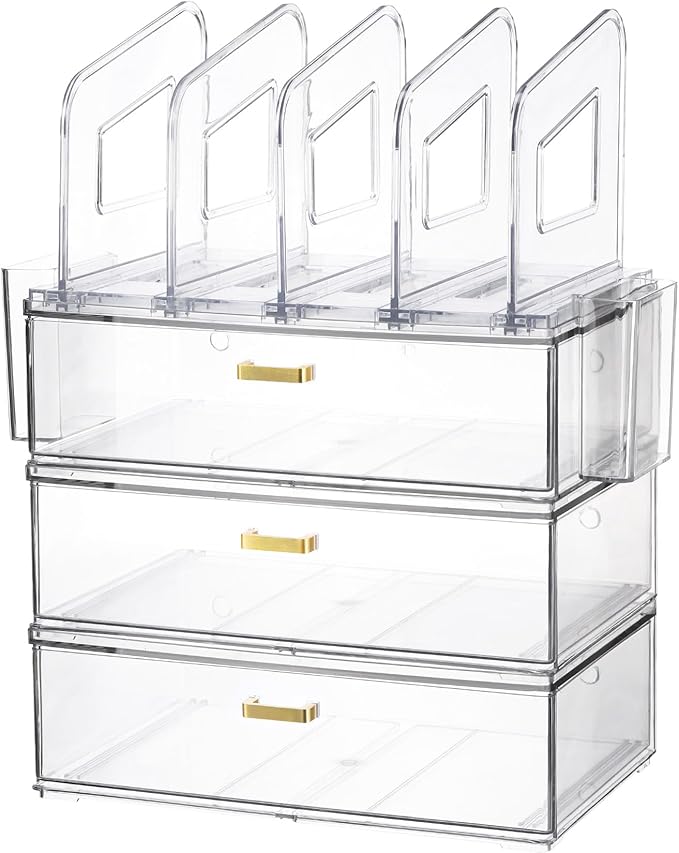 Acrylic Desk Organizer Set, 3 Pack Stackable Desktop Drawer Organizer with 4 Vertical File Holders and 2 Pen Holders, Desk Organizers and Accessories for Home Office Storage-DeskoryOffice