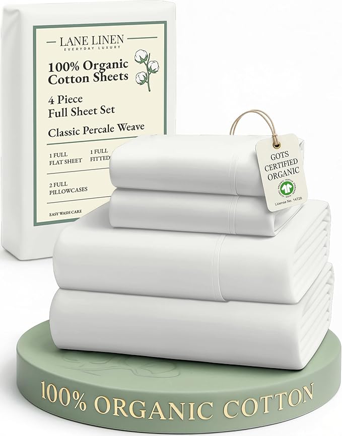 LANE LINEN 100% Organic Cotton Full Sheets Set 4-Piece Pure Percale Long Staple by LaneLinen