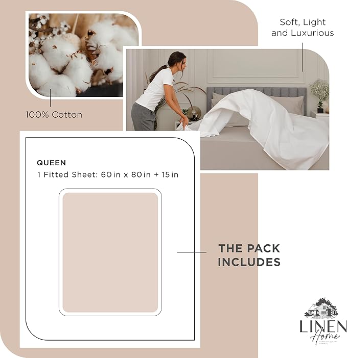 Linen Home 100% Cotton Percale Weave Fitted Sheet, Queen Size, Sand Shell - Image 6