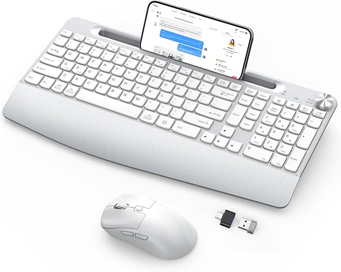 Wireless Keyboard and Mouse - Full-Sized Ergonomic Keyboard with Wrist Rest, Phone Holder, Volume Knob,2.4GHz Silent Cordless Keyboard Mouse Combo for Computer, Laptop, PC, Mac, Windows -White-DeskoryOffice