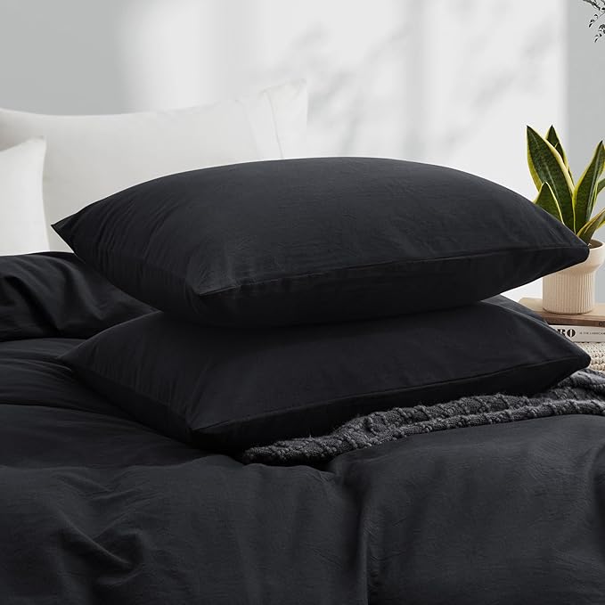 Black Duvet Cover Full Size, 100% Washed Cotton Linen Like Bedding Set - Image 3