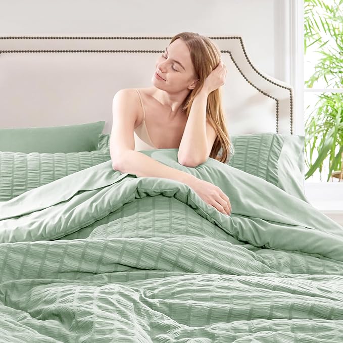 CozyLux King Size Comforter Set Sage Green Seersucker 7 Pieces Bed in a Bag - Image 5