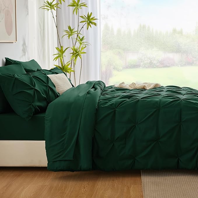 CozyLux Queen Comforter Set Emerald Green, 7 Pieces Pintuck Bed in A Bag - Image 9