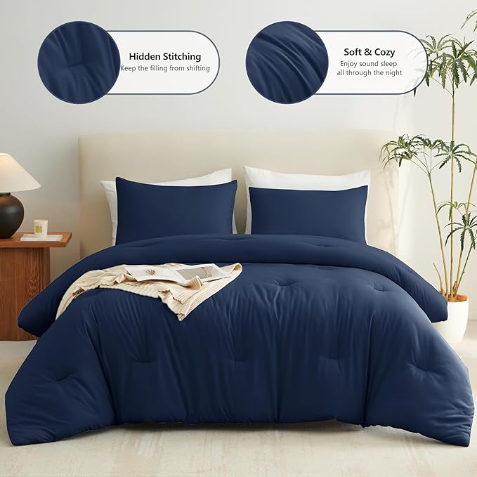 CozyLux Navy Blue King Size Comforter Set, 3 Pieces Solid Breathable Quilted - Image 3