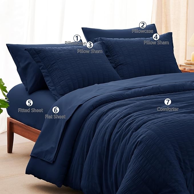 CozyLux King Size Comforter Set Navy Blue Seersucker 7 Pieces Bed in a Bag King - Image 8