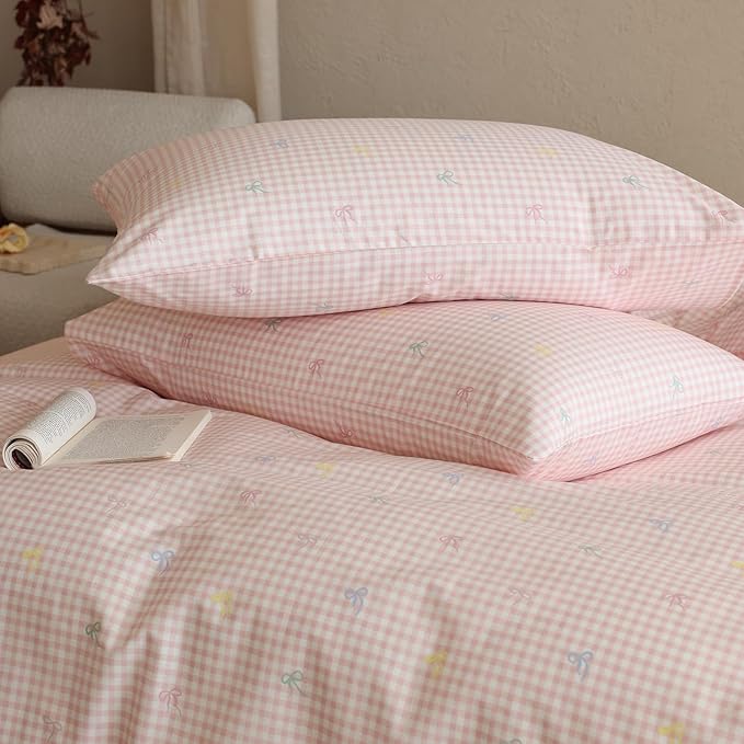 mixinni Gingham Duvet Cover Full Size, 100% Cotton Light Pink and White Gingham - Image 4