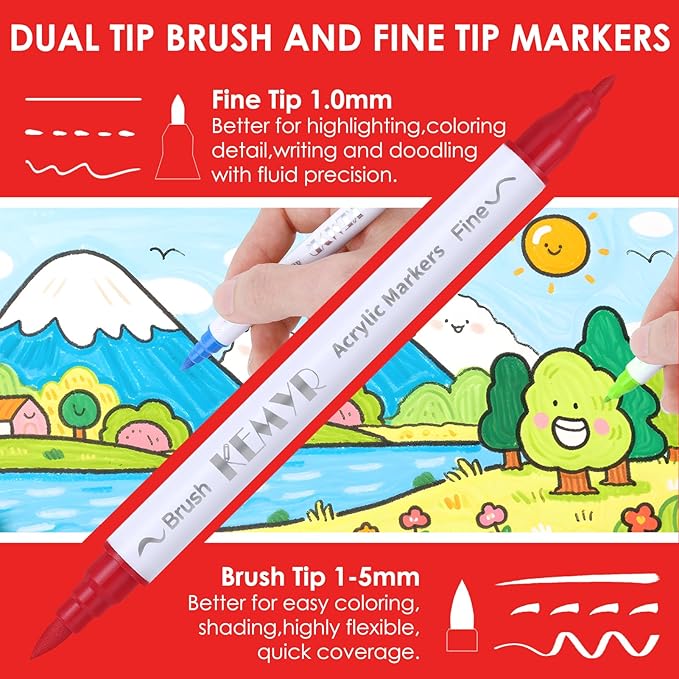 100 Colors Brush & Fine Tip Acrylic Paint Pens, Dual Tip Acrylic Paint Markers for Paper, Wood, Canvas, Stone, Rock, Glass, Fabric, DIY, Ceramic, Art Supplies for Kids and Adults Drawing-DeskoryOffice