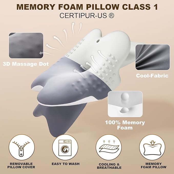 Cervical Neck Pillow for Sleeping - Ergonomically Designed Memory Foam Pillows for Neck Pain Relief, Side Sleeper Pillow for Neck Pain with Washable Cooling Cover for Side and Back Sleepers（Gray）