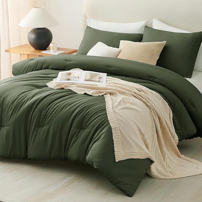 CozyLux Oversized Queen Comforter Set Olive Green, 3 Pieces 98x98 Solid - Image 9