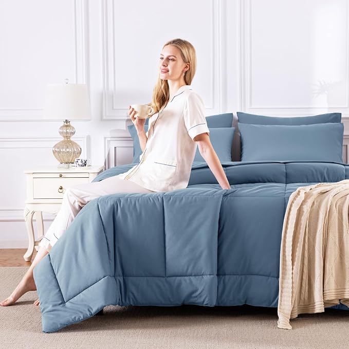 CozyLux King Size Comforter Set Dusty Blue, 7 Pieces Bed in a Bag, All Season - Image 7