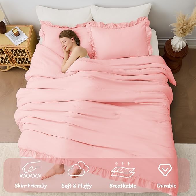 FUANNA Twin Comforter Set Pink, 2 Pieces Ruffle Twin Bed Set, Fluffy Twin - Image 4