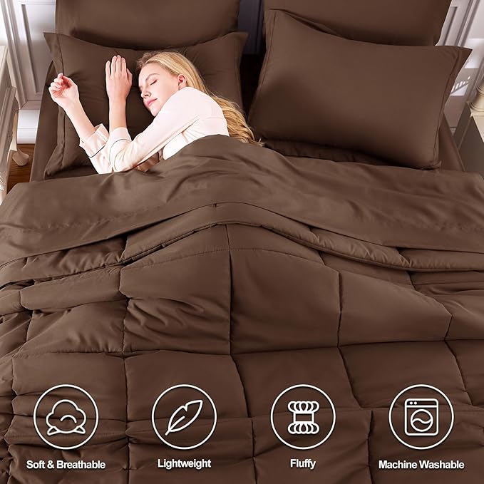 CozyLux Oversized Queen Comforter Sets Brown, 7 Pieces Bed in a Bag, 98x98 Box - Image 2