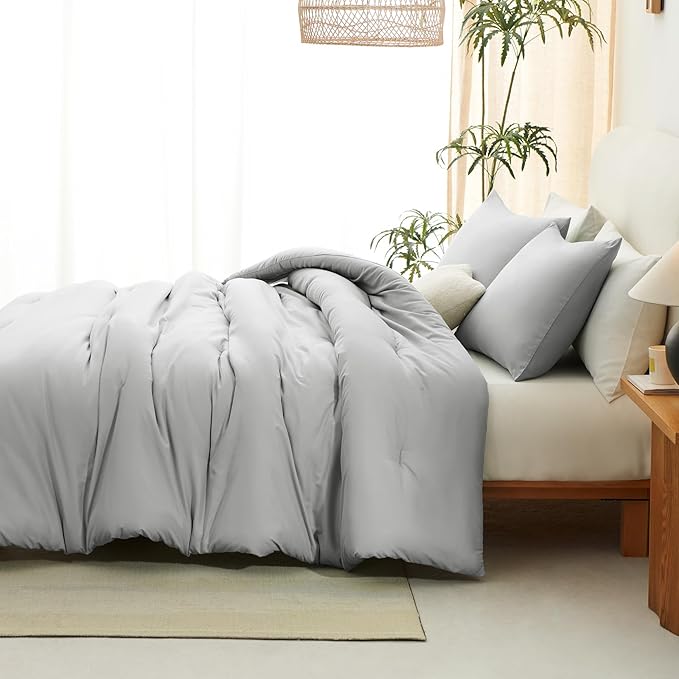 CozyLux Queen Comforter Set Light Grey, 3 Pieces Solid Comforters Queen Size - Image 8