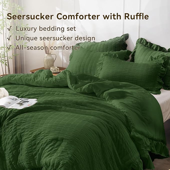 JOLLYVOGUE Dark Green King Comforter Set, 3 Pieces Seersucker Comforters King - Image 4