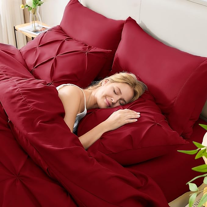 HIMEET Pintuck Bed in a Bag, 7 Pieces King Size Comforter Set Dark Red - Image 7