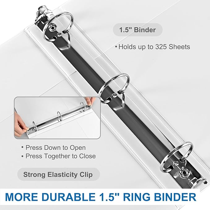 1.5 Inch 3 Ring Binder, 1-1/2“ Binder with 2 Interior Pockets, Durable White View Binders, Clear View Cover, Holds up to 325 Sheets US Letter Size, Perfect for Office/Home/School.（6 Pack）-DeskoryOffice