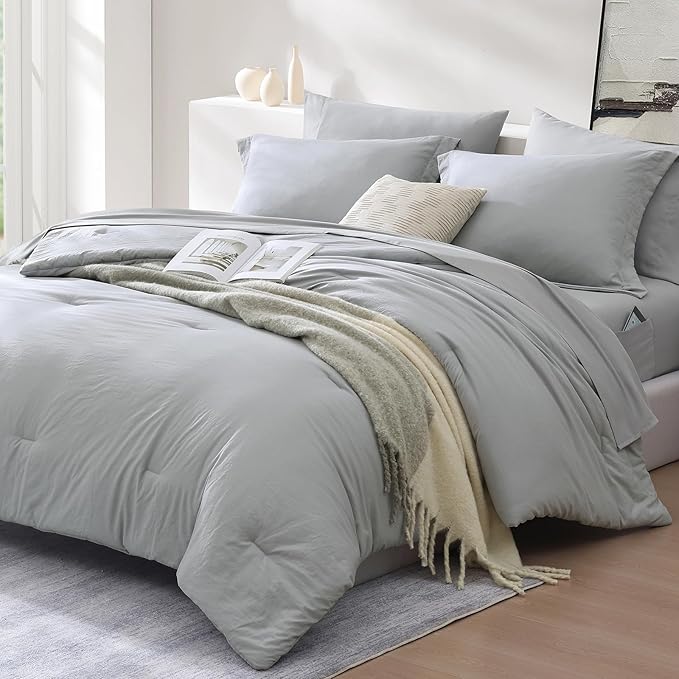 WRENSONGE Twin Comforter Set- 5 Pieces Light Grey Bed in a Bag, All Season Twin - Image 2