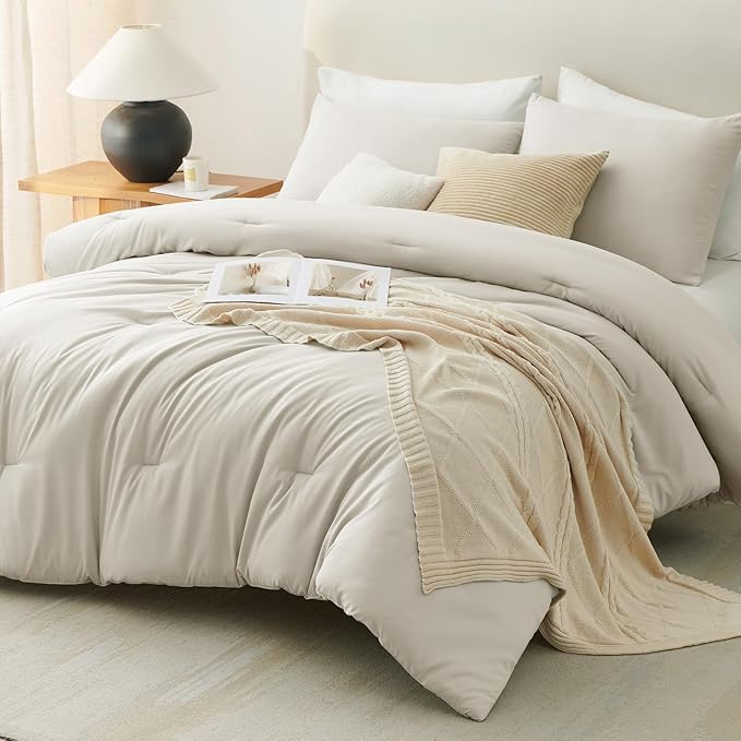 CozyLux California King Comforter Set Beige, 3 Pieces Cal King Solid Breathable - Image 9