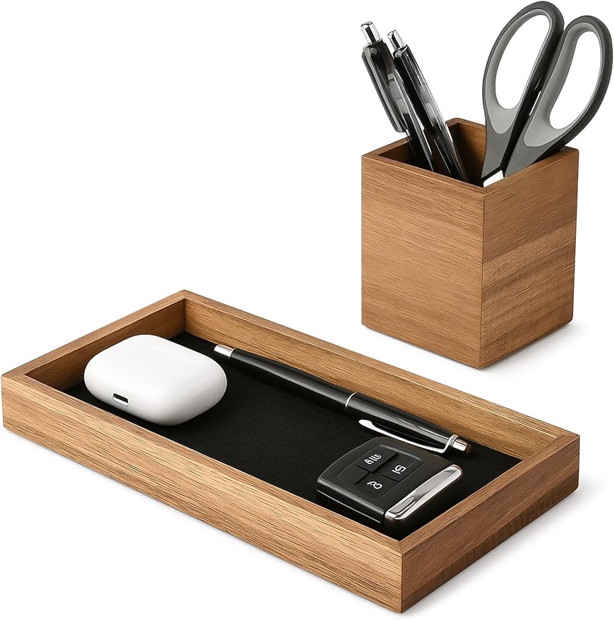 HULISEN Wooden Desk Organizer Tray with Pen Holder, Non-Slip Desk Tray and Pencil Holder Set with Felt Lined, Desktop Accessories for Home Office Workspace Organization-DeskoryOffice