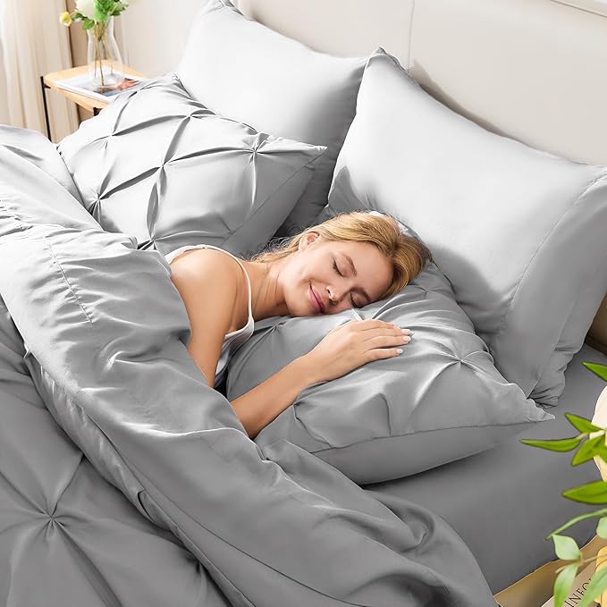 HIMEET Pintuck Bed in a Bag, 7 Pieces King Size Comforter Set Light Grey - Image 7