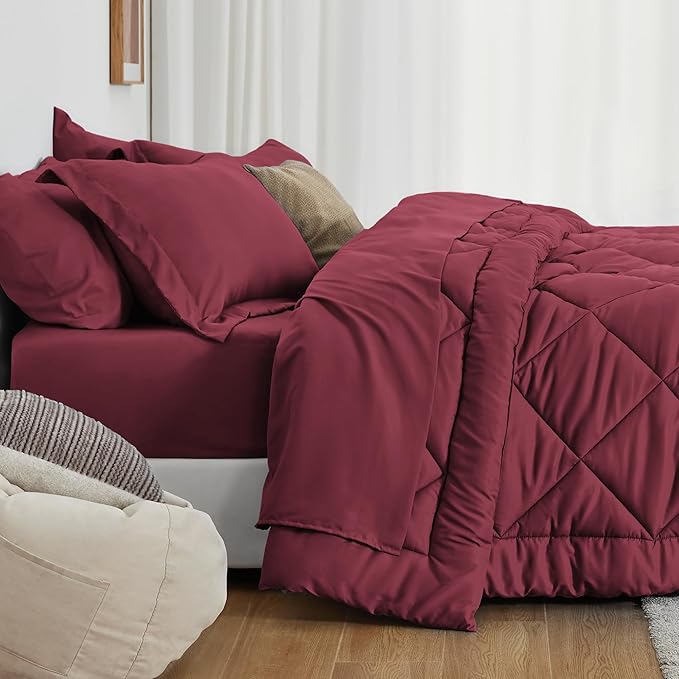 Love's cabin King Size Comforter Set Burgundy, 7 Pieces King Bed in a Bag - Image 3